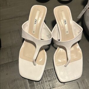 Zara White Sandals with Square Toe and Medium Heel